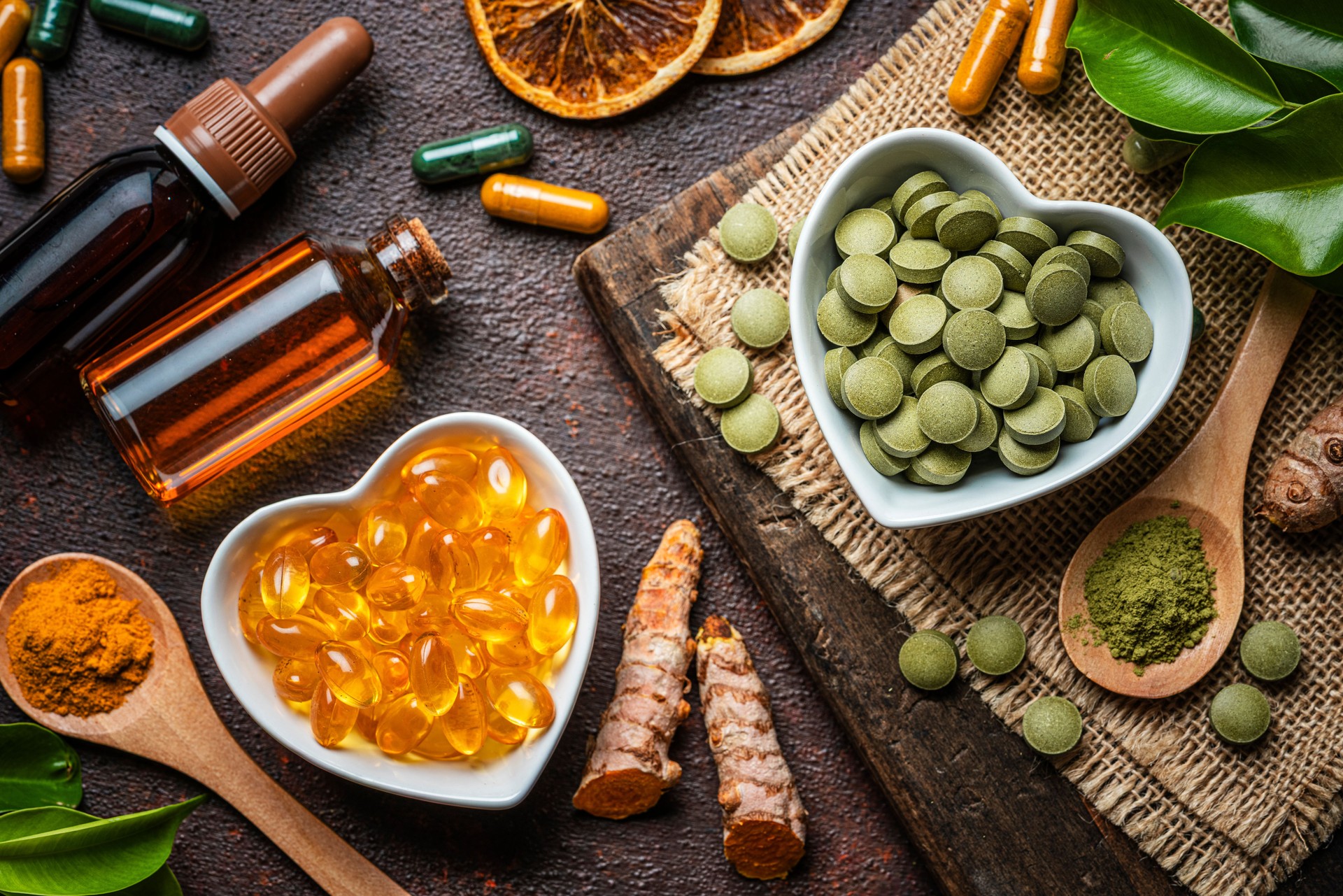 Moringa pills and Omega-3 capsules. Nutritional supplements and natural vitamins or healthy eating and dieting. Healthcare or alternative medicine. Natural Therapy