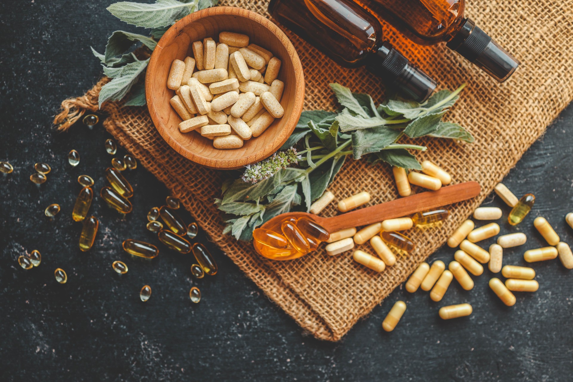 Natural vitamins organic on dark background